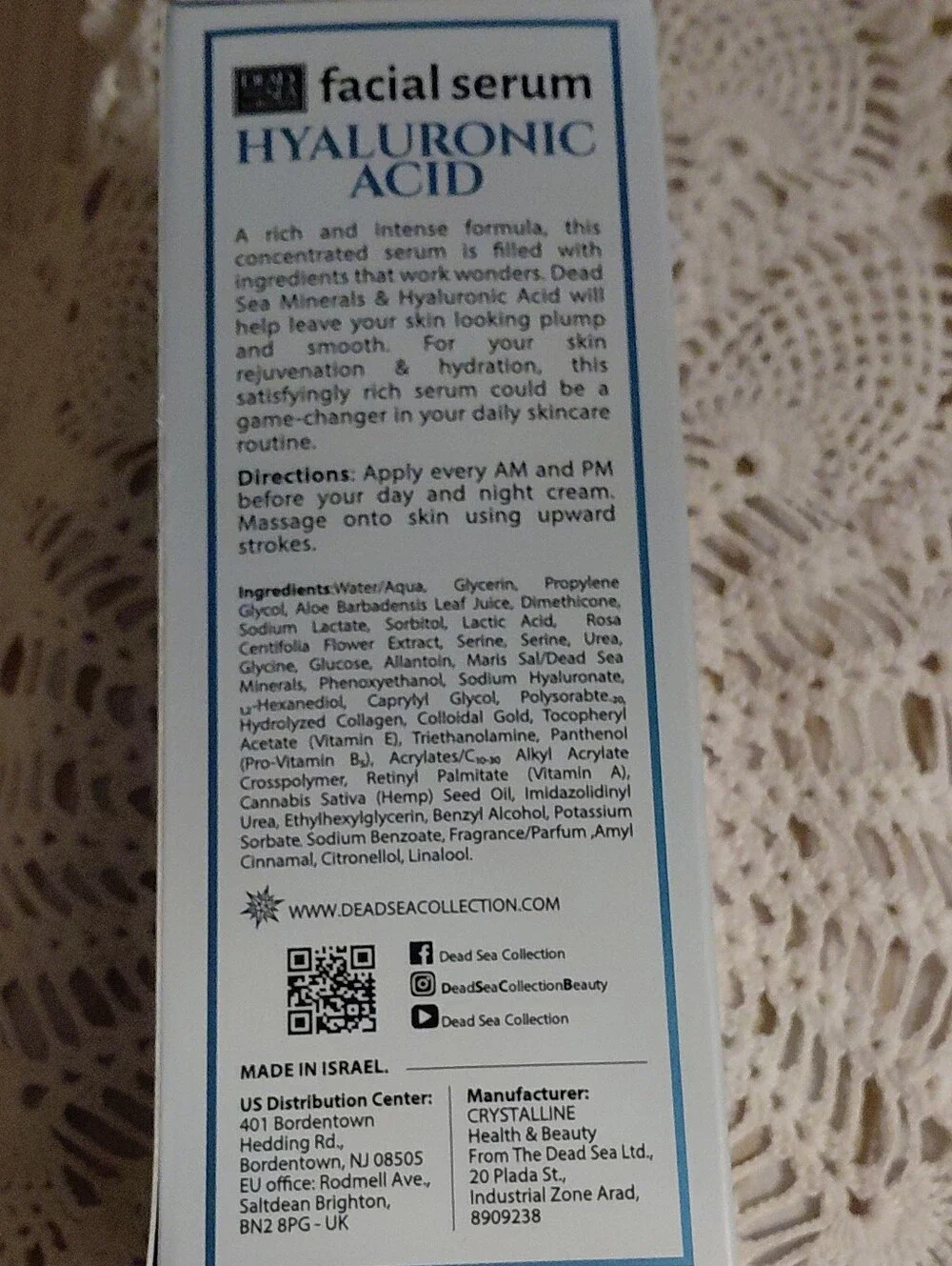 Hyaluronic Acid Rejuvenating Facial Serum - White/Blue Dead Sea Minerals.